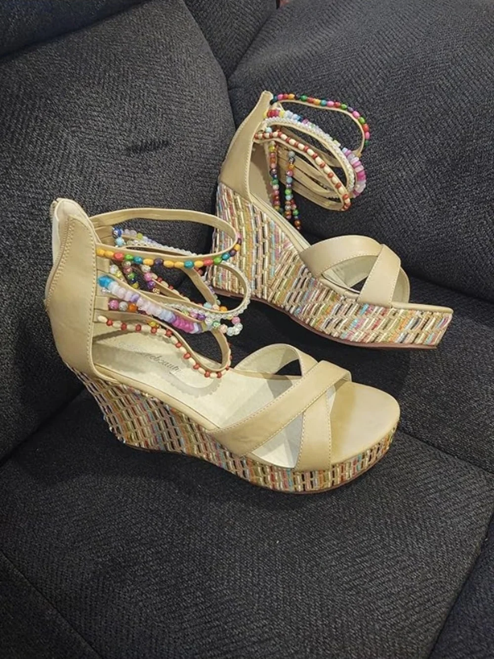 NWT Luxury Boho Beaded Wedge Sandals Colorful Platform Woven Summer Heels